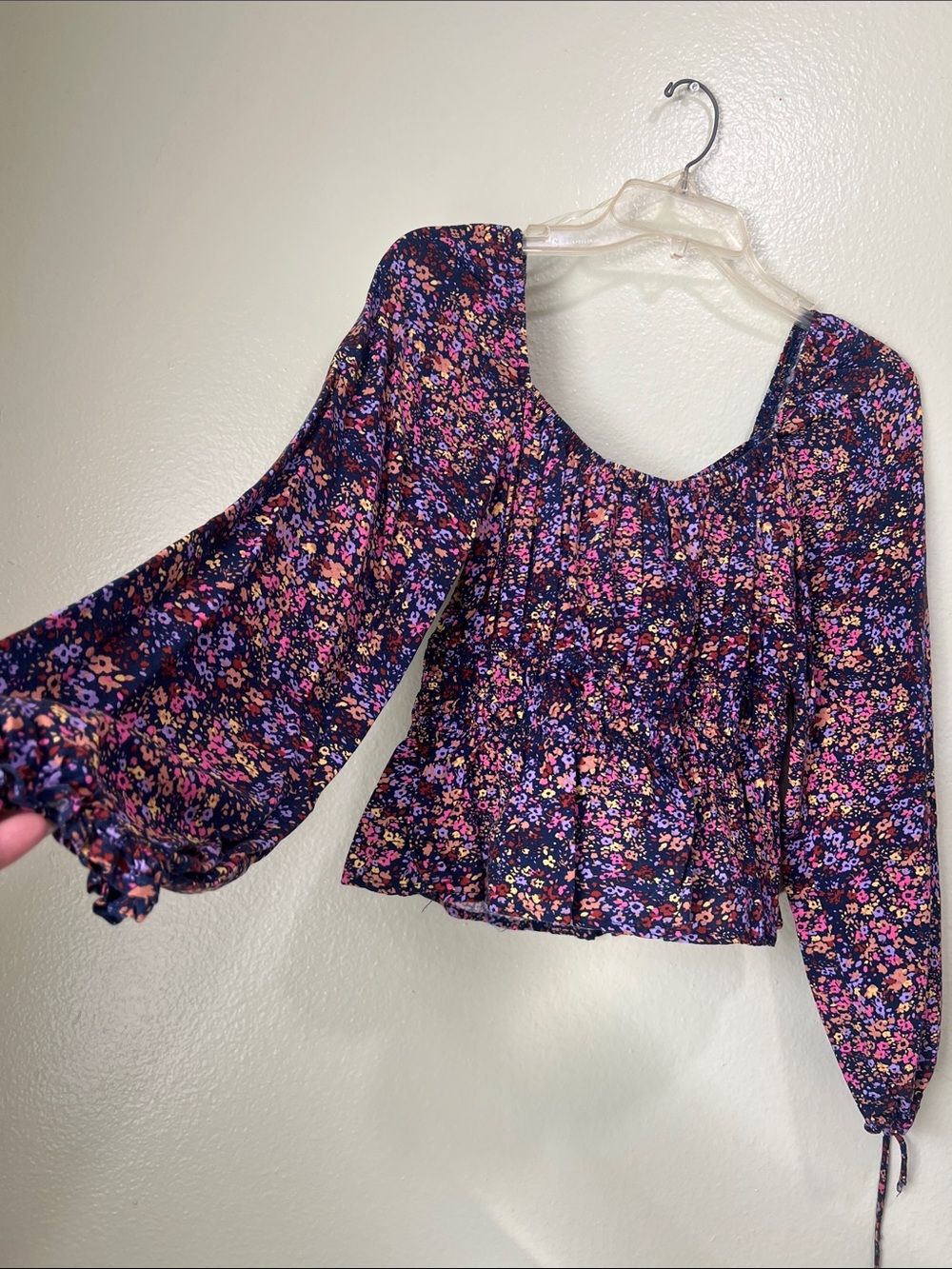 Floral Smocked Peasant Top - Navy with Pink & Purple Flowers